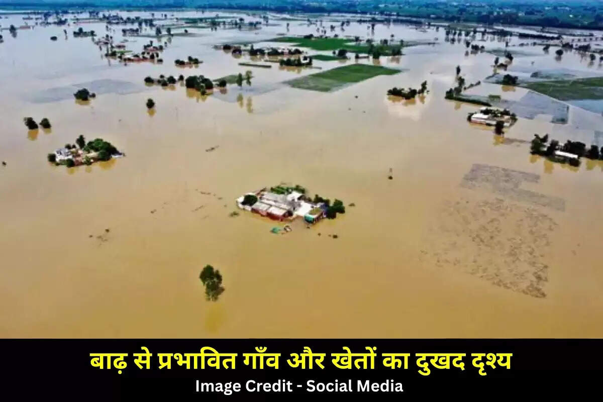 बाढ़ से प्रभावित गाँव और खेतों का दुखद दृश्य