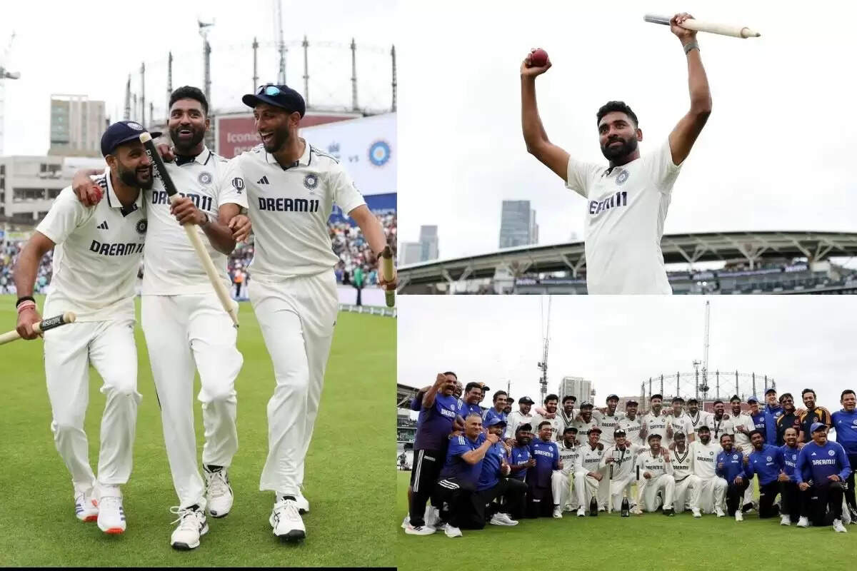 भारतीय टीम ओवल मैदान पर जीत का जश्न मनाते हुए