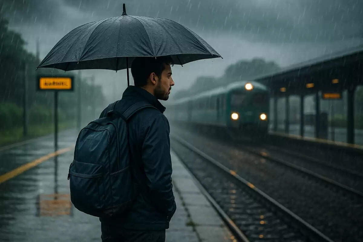 मानसून में बारिश के दौरान छाता और वाटरप्रूफ बैग लिए यात्रा करता व्यक्ति – चक्रवात विपा यात्रा सुरक्षा गाइड