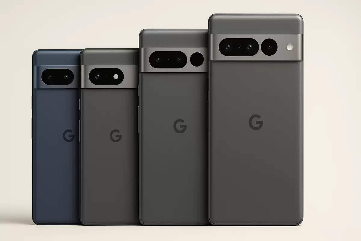 Four Google Pixel 10 smartphones including standard, Pro, XL, and Fold models displayed side by side